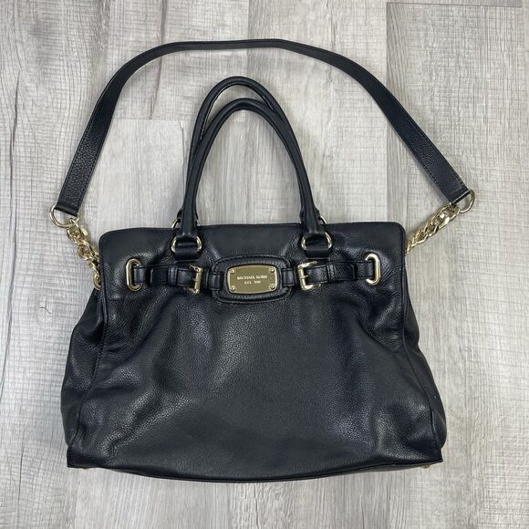 Michael Kors Tote Handbag Hamilton Women Black Pebbled Leather Gold Hardware - Picture 1 of 15